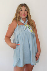 Pleated Denim Mini Dress