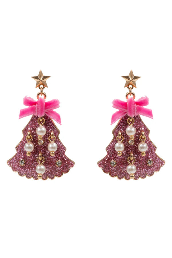 Pink Acrylic Christmas Tree with Pearl Accents Earrings