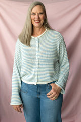 soft blue and white striped cardigan