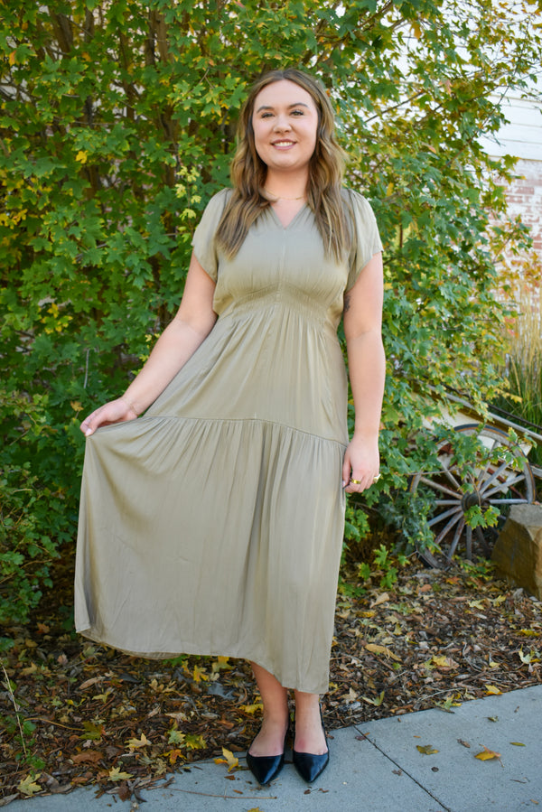 Riggs Ruffle Satin Midi Dress 2 Colors!