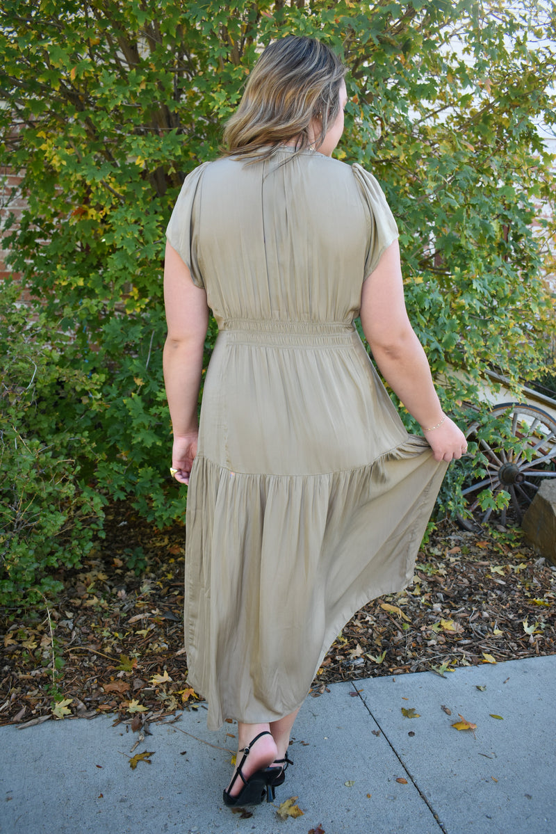 Riggs Ruffle Satin Midi Dress 2 Colors!