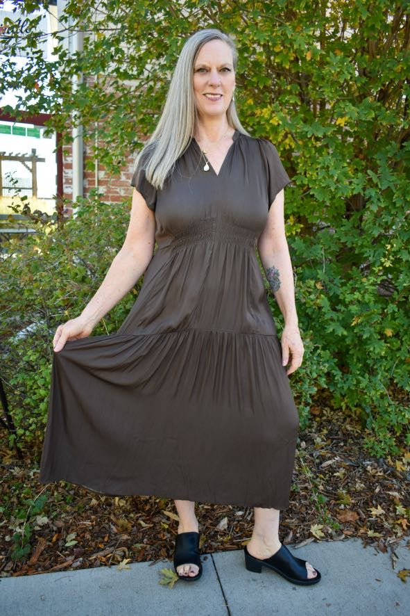 Riggs Ruffle Satin Midi Dress 2 Colors!