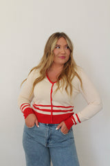 GREYLIN Piper Plunge Neck Stripe Button Front Knit Top