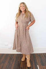 Woven Cotton Gingham Print Button Down Flare Maxi