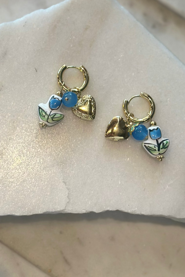 Heart Locket And Flower Charm Earrings