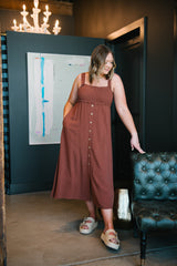 Chocolate Smocked Linen Midi Dress