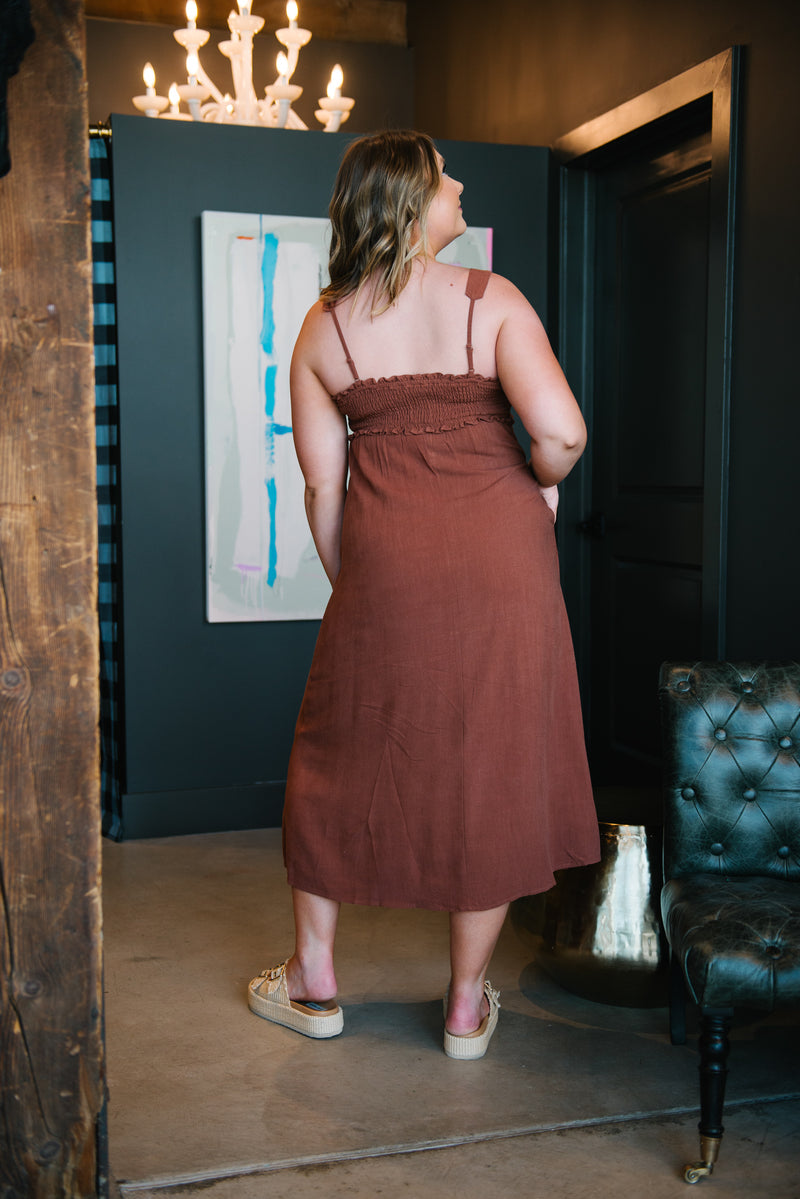 Chocolate Smocked Linen Midi Dress