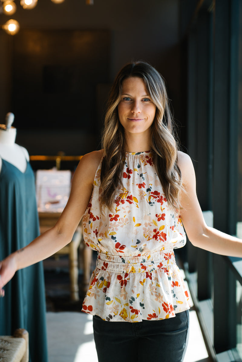 Cream Floral Sleeveless Top