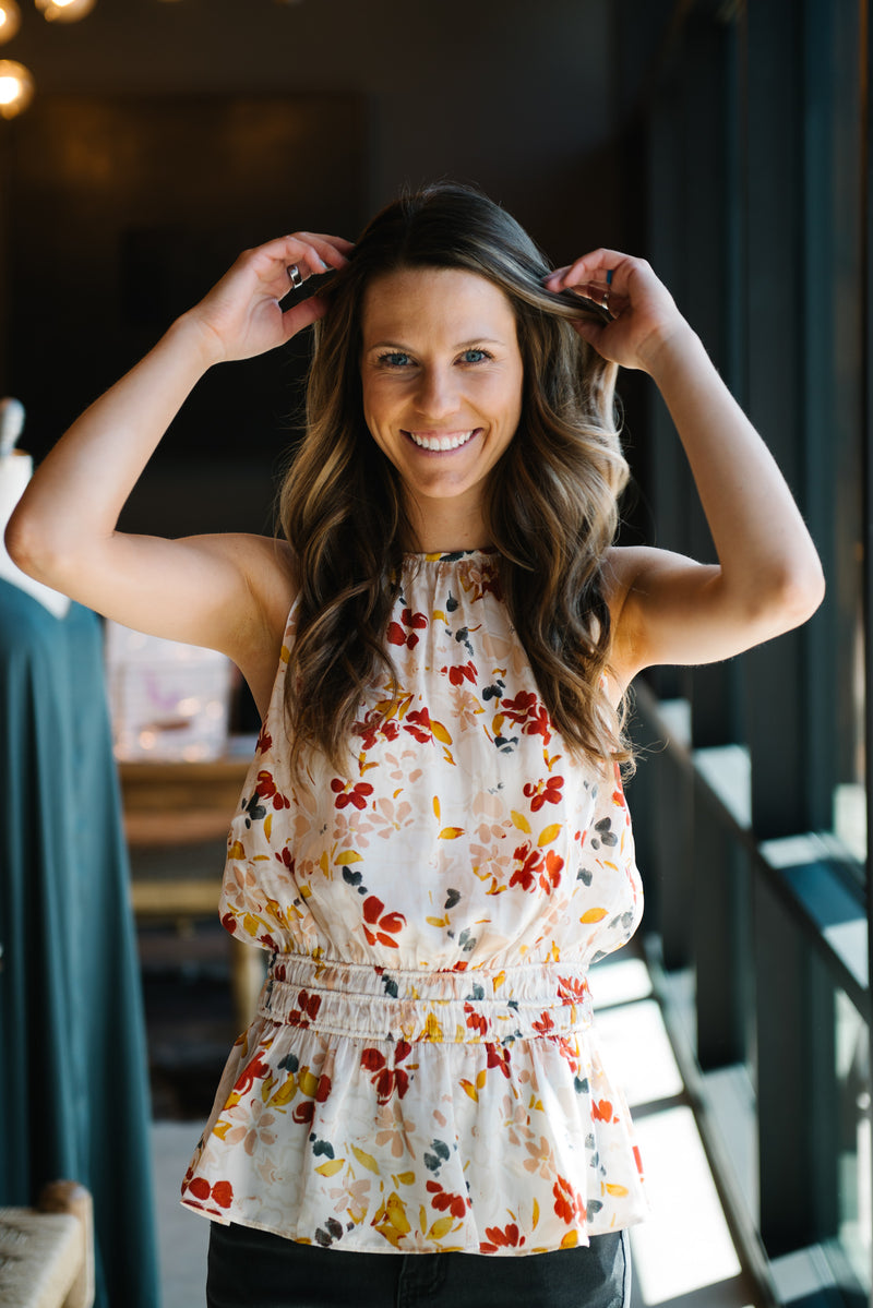 Cream Floral Sleeveless Top