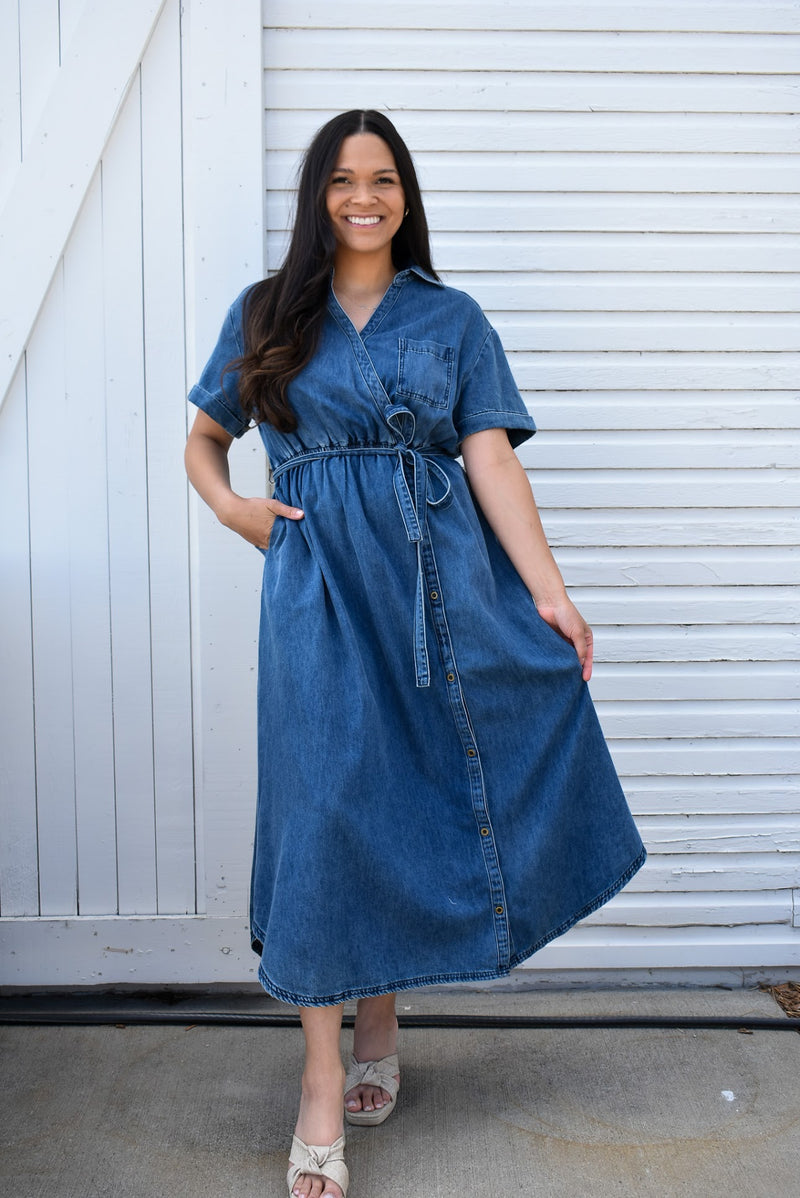 Asymmetric Button Detail Denim Shirt Dress