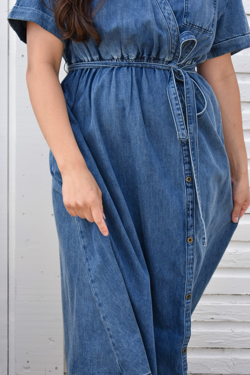 Asymmetric Button Detail Denim Shirt Dress