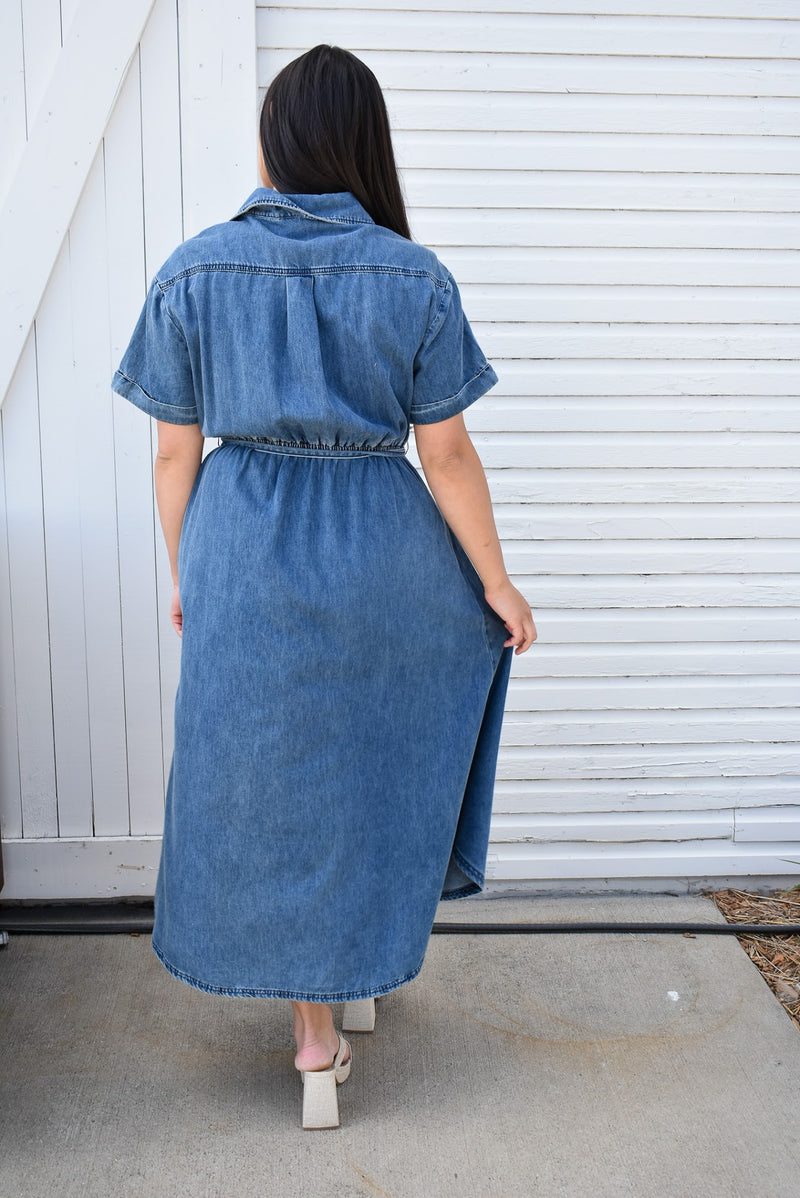 Asymmetric Button Detail Denim Shirt Dress
