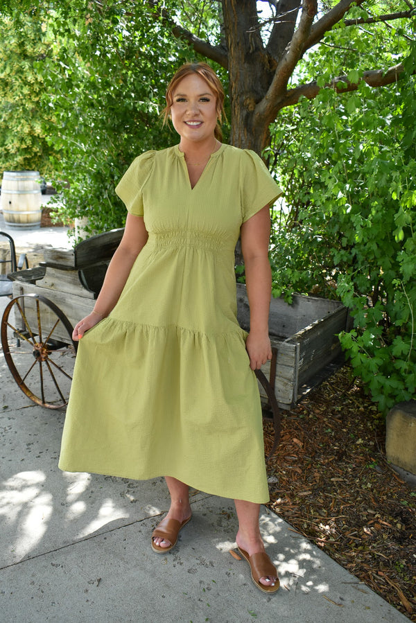 Crinkle Woven Ruffle Midi Dress
