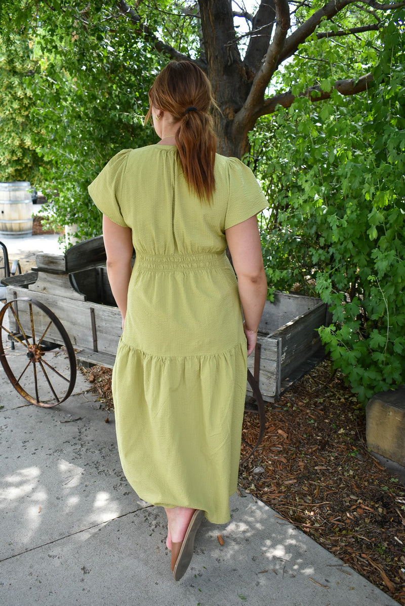 Crinkle Woven Ruffle Midi Dress