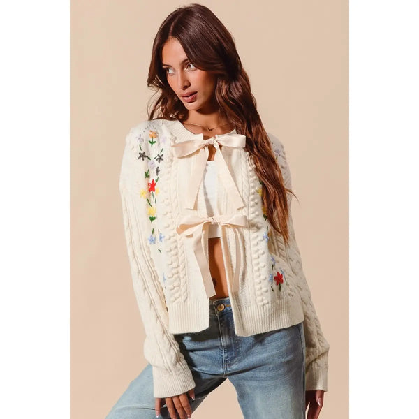 Floral Embroidered Cable Knit Sweater Cardigan