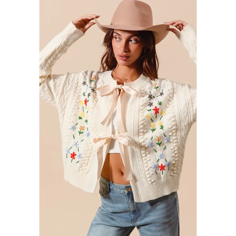 Floral Embroidered Cable Knit Sweater Cardigan