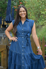 Dakota Belted Button Up Tiered Denim Midi Dress