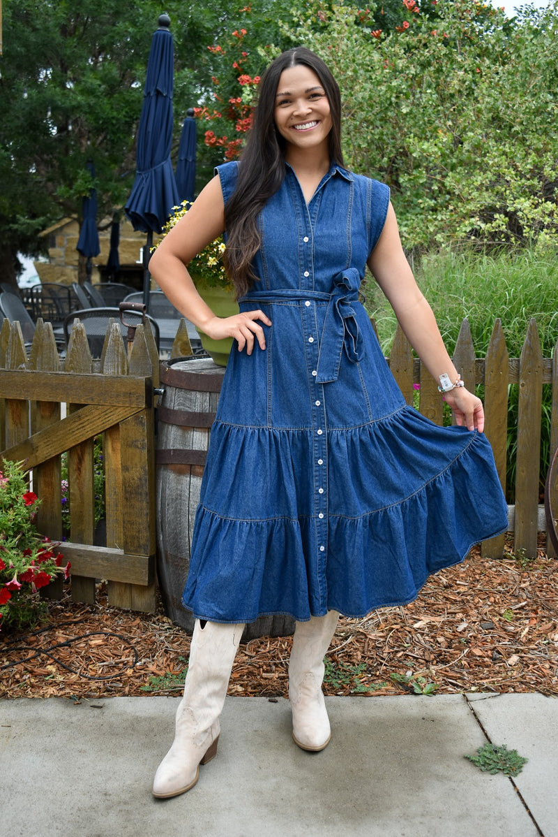 Dakota Belted Button Up Tiered Denim Midi Dress