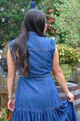 Dakota Belted Button Up Tiered Denim Midi Dress