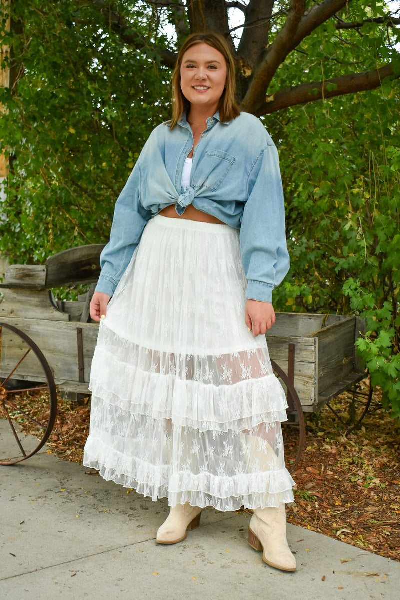 Stetson Sheer Lace Tiered Maxi Skirt