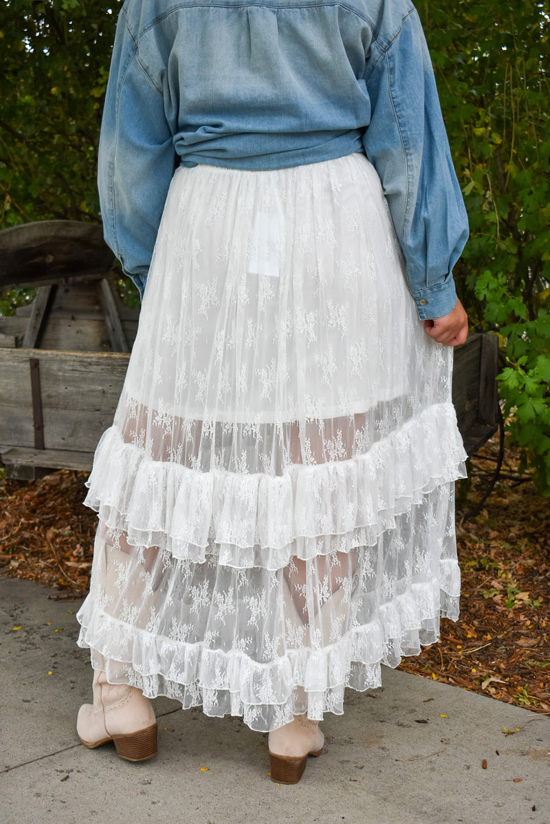 Stetson Sheer Lace Tiered Maxi Skirt