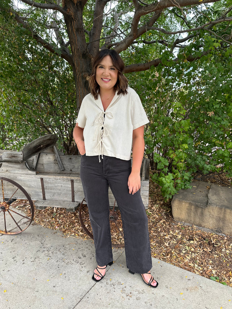Nico Linen Short Sleeve Tie Blouse