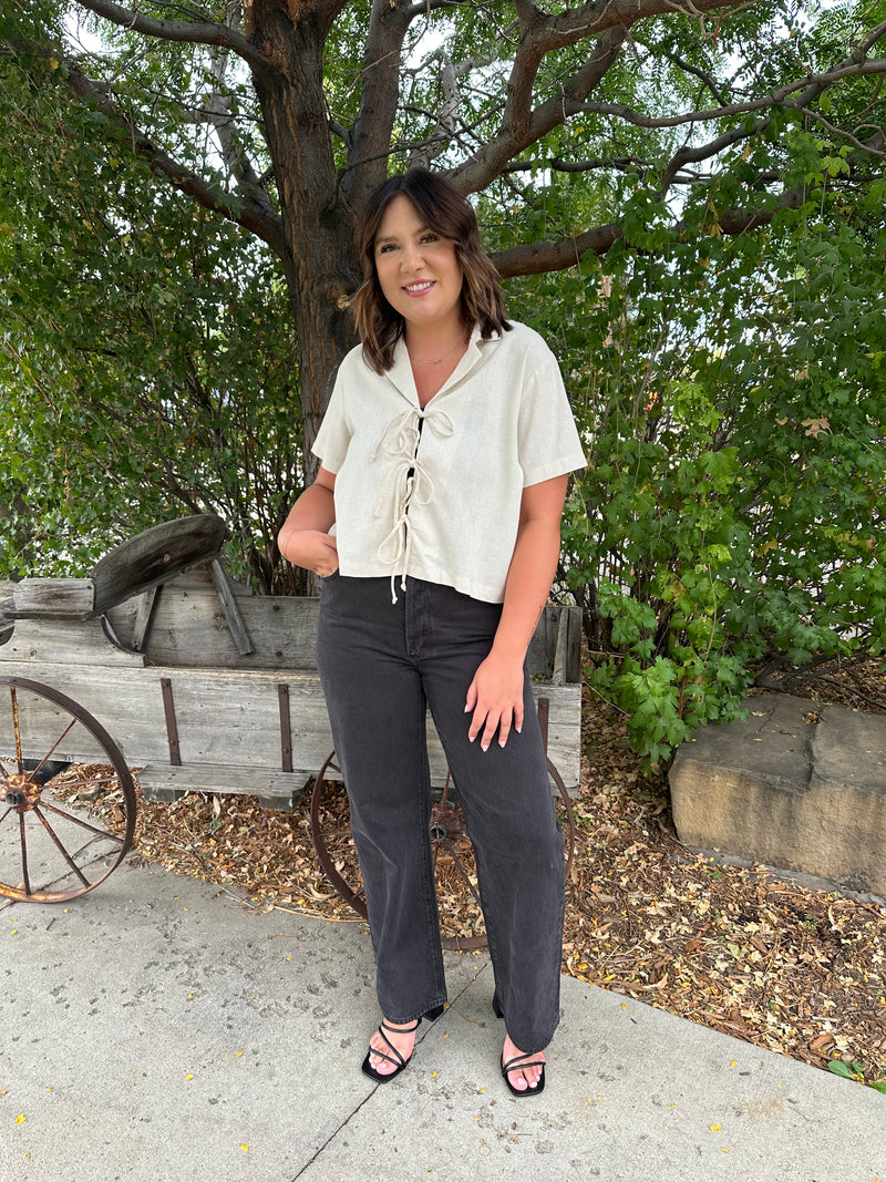 Nico Linen Short Sleeve Tie Blouse