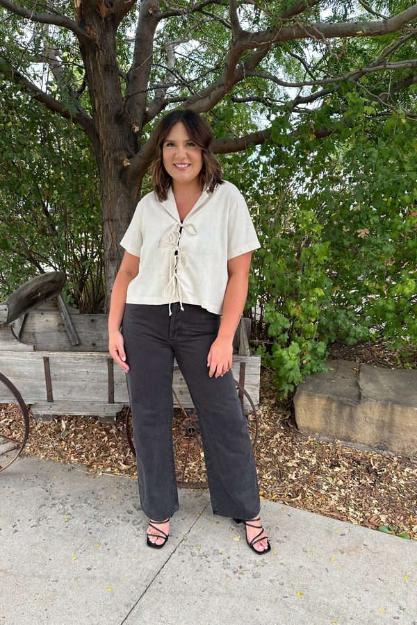 Nico Linen Short Sleeve Tie Blouse