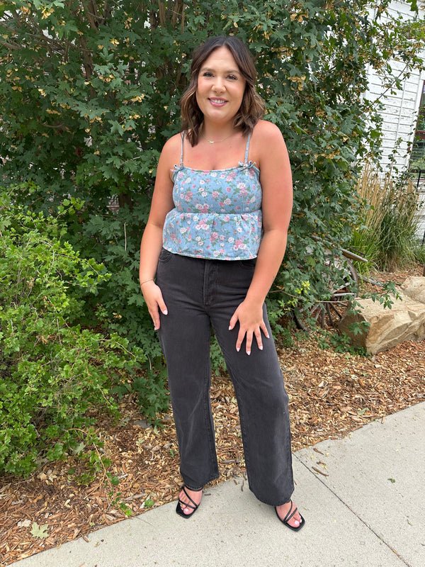 Audrey Printed Denim Bow Top
