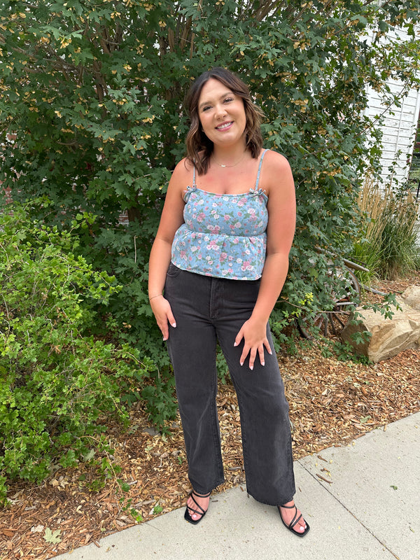 Audrey Printed Denim Bow Top