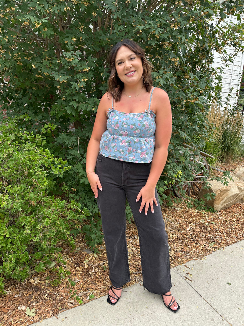 Audrey Printed Denim Bow Top