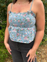 Audrey Printed Denim Bow Top