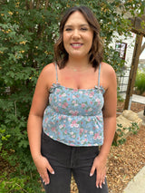 Audrey Printed Denim Bow Top