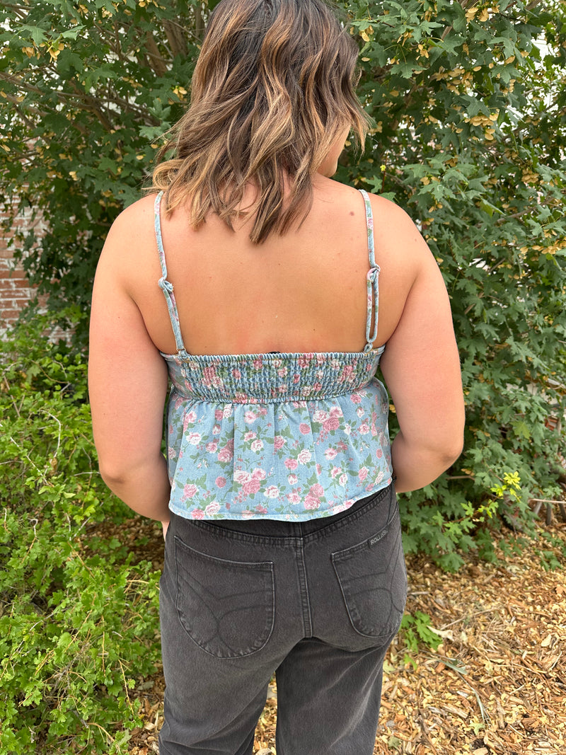 Audrey Printed Denim Bow Top