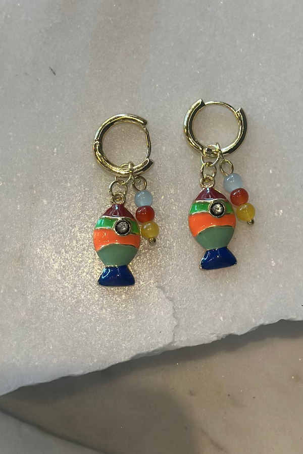 Fish And Bead Charm Hoop Earrings