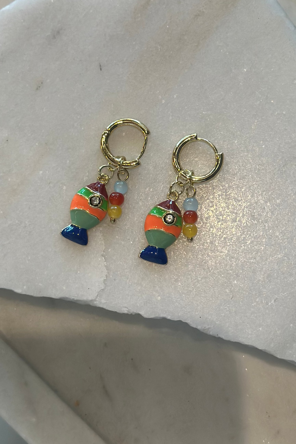 Fish And Bead Charm Hoop Earrings