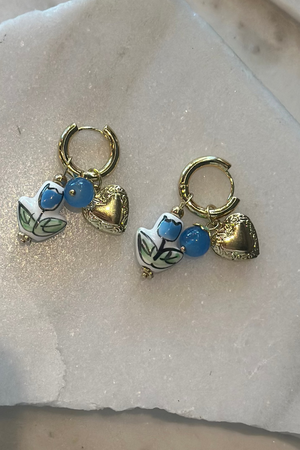 Heart Locket And Flower Charm Earrings