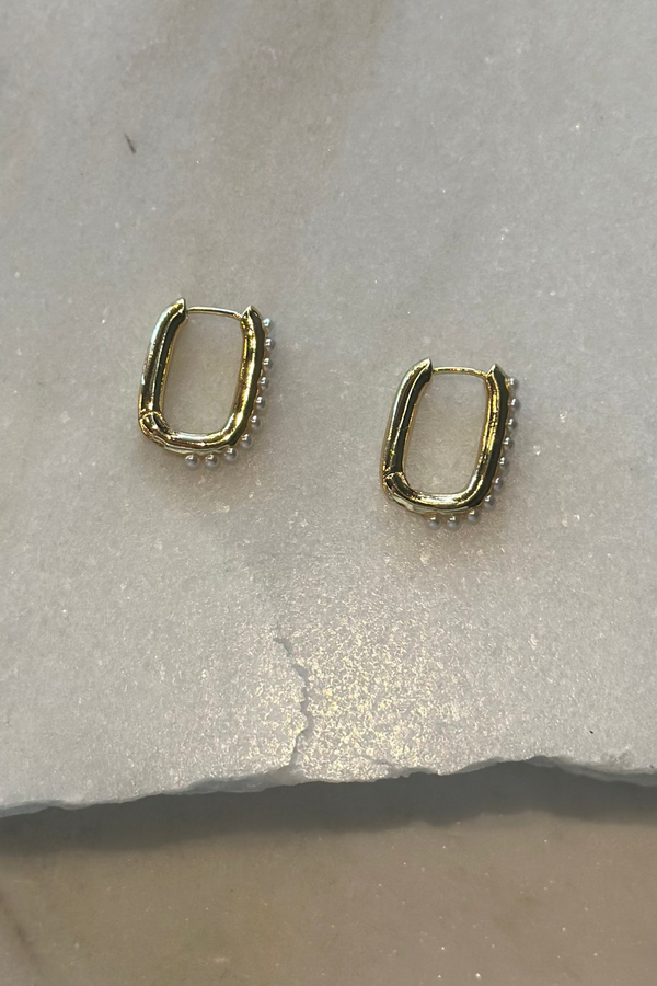 Gold & Pearl Studded Rectangle Hoop Earrings
