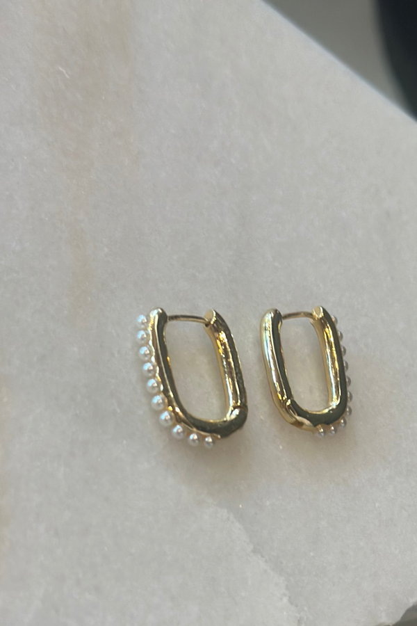 Gold & Pearl Studded Rectangle Hoop Earrings