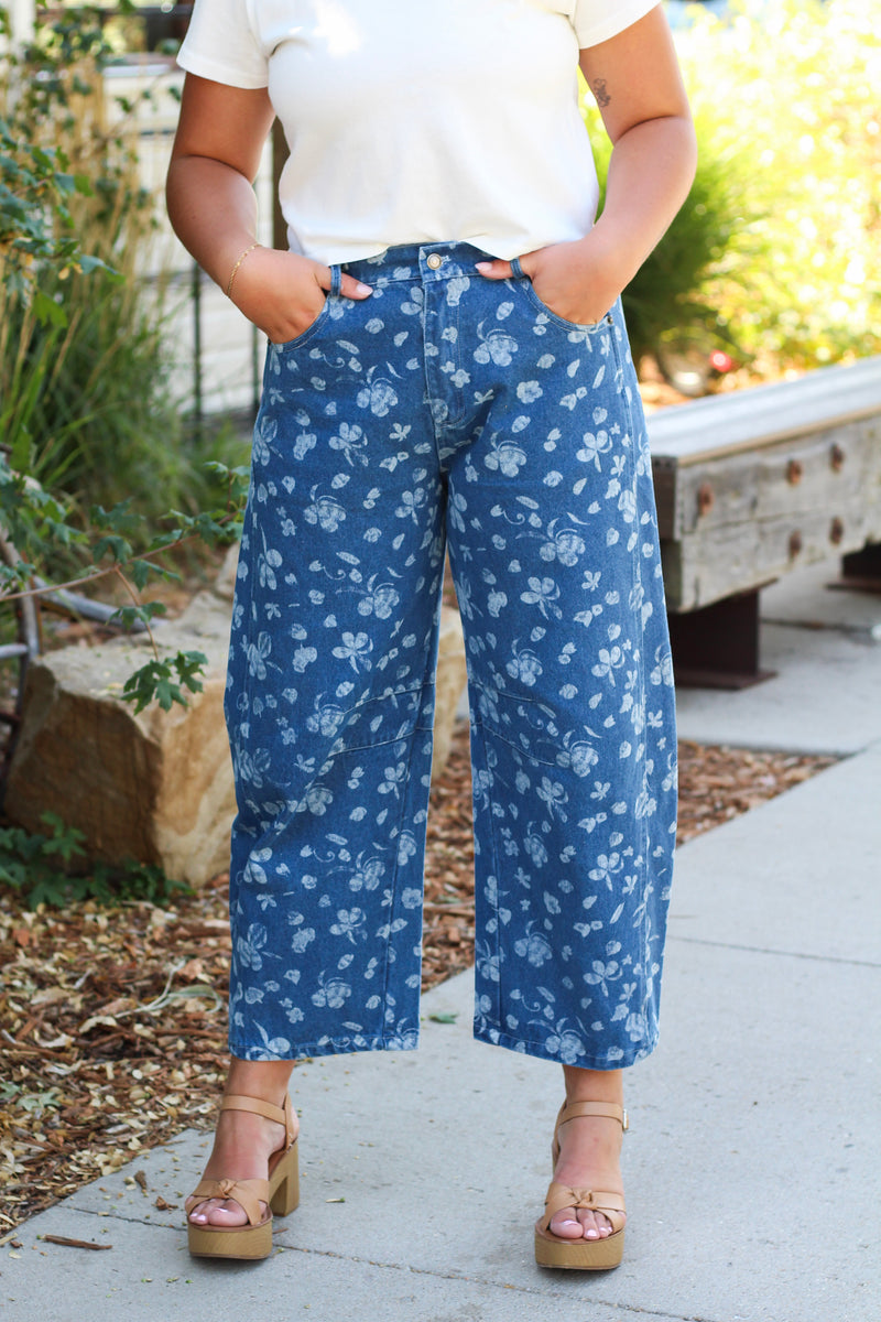 Callie Washed Floral Denim Barrel Pants