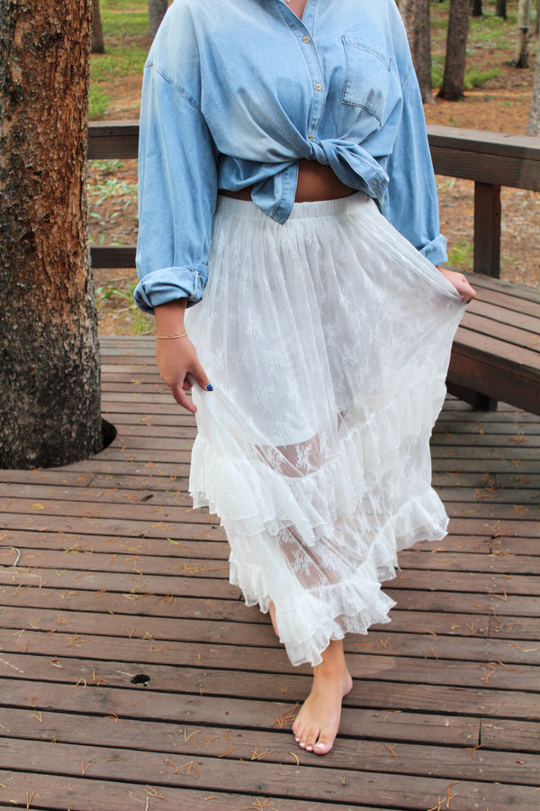 Stetson Sheer Lace Tiered Maxi Skirt