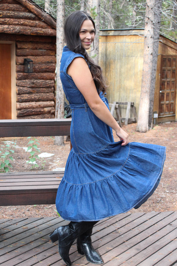 Dakota Belted Button Up Tiered Denim Midi Dress