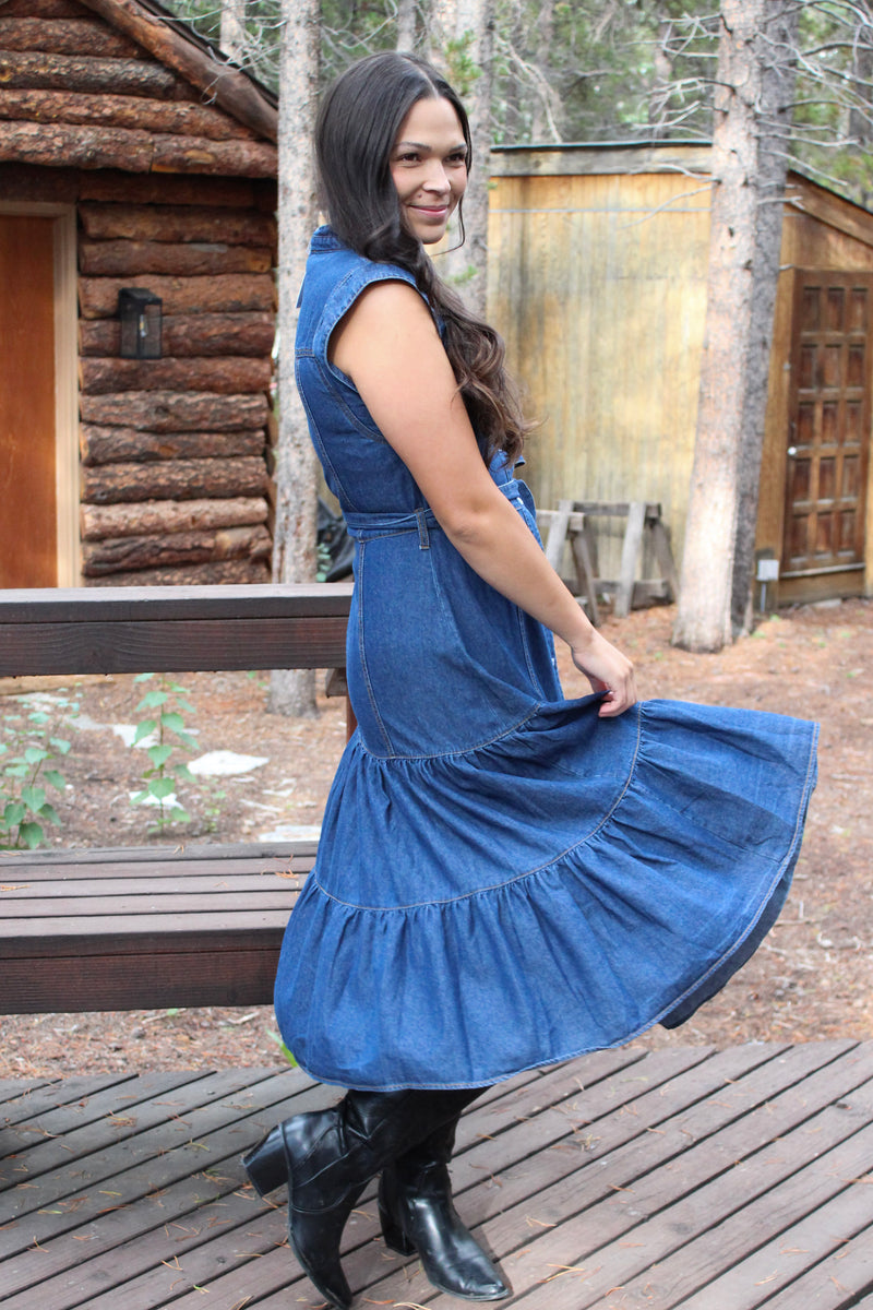 Dakota Belted Button Up Tiered Denim Midi Dress