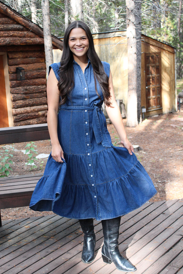 Dakota Belted Button Up Tiered Denim Midi Dress