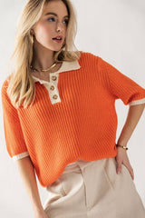 Two-Tone Contrast Quarter Button Knit Sweater