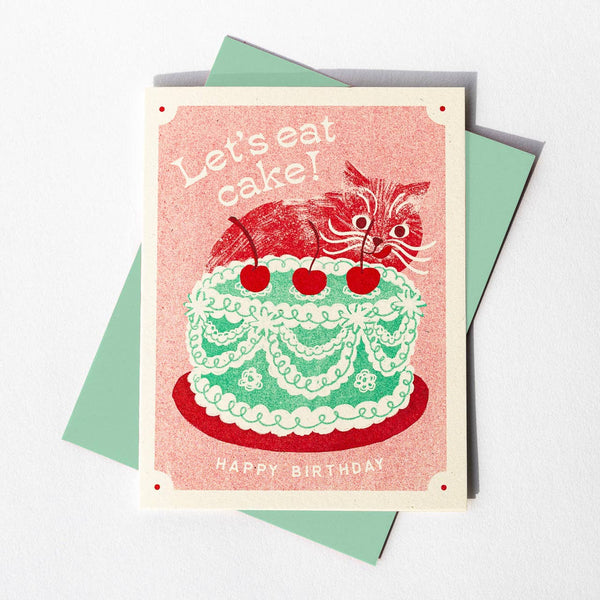 Let's Eat Cake Cat - Risograph Birthday Card