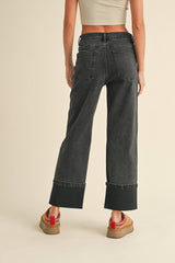 Cuffed Borrom Black Denim Pants