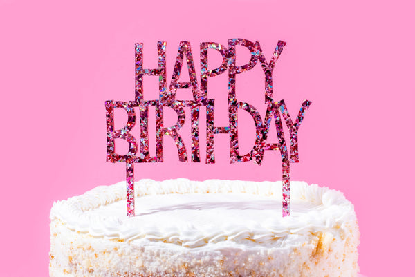 Cake Topper - "Happy Birthday" - Pink Confetti