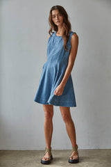 Denim Cotton Round Neck Sleeveless Mini