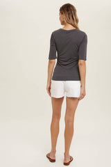 CHARCOAL RIBBED KNIT HALF-SLEEVE TOP